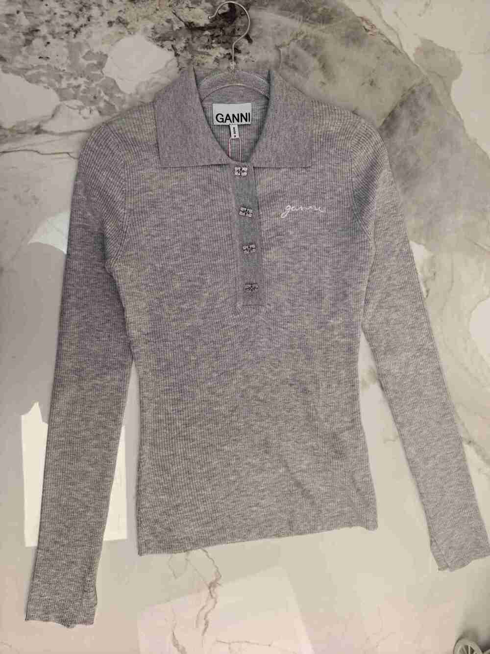 GANNI Grey Fitted Ribbed Polo Knit Top Embroidered Logo Long Sleeve
